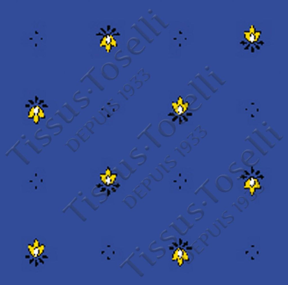 $49 60" Round Tissus-Toselli Yellow Allover Floral Calissons Buds on Blue Plain Cotton Tablecloth For 2-4 Person Seating.