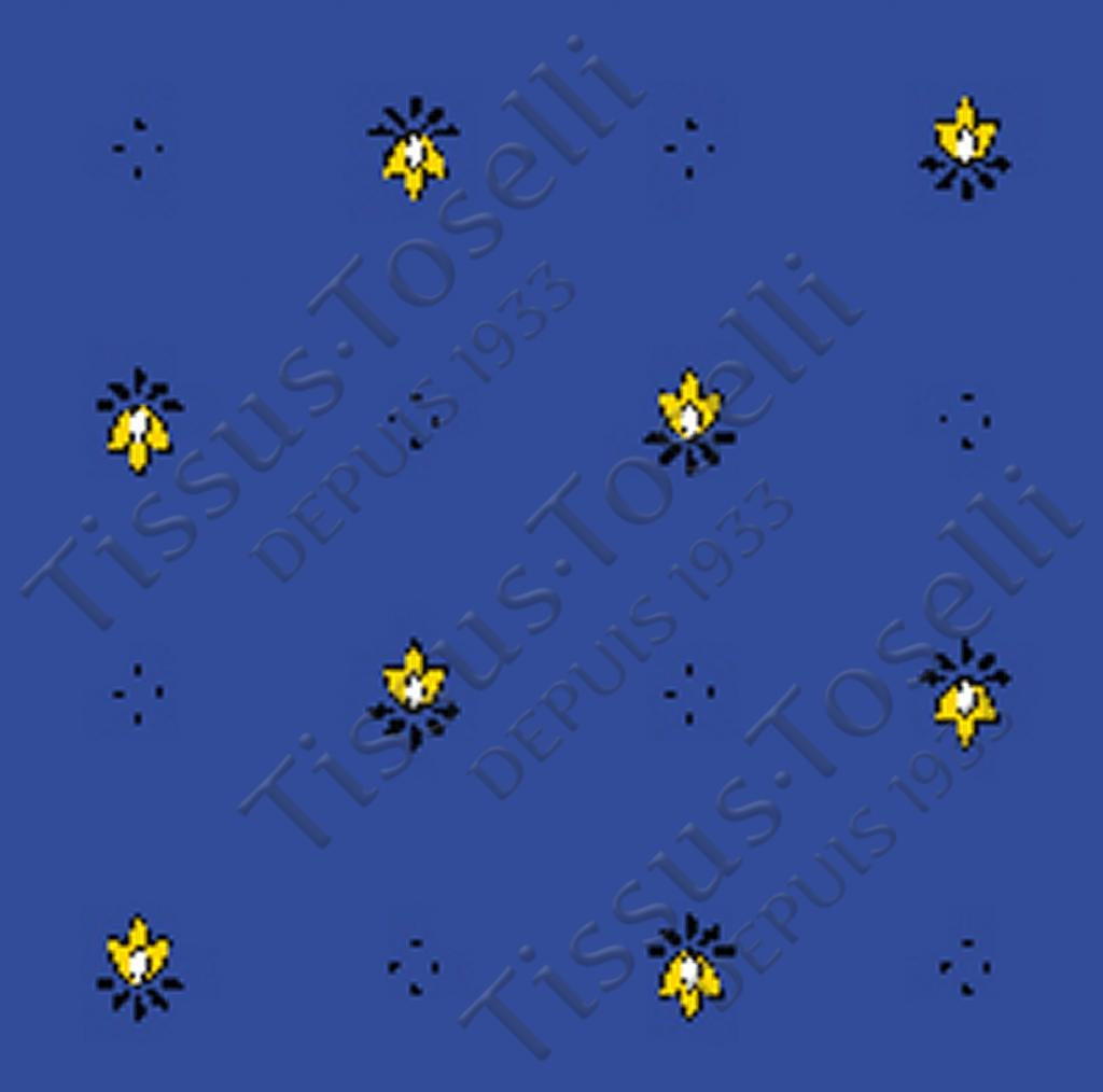 $40 60" Round Tissus-Toselli Blue Allover Floral Calissons Buds on Yellow Plain Cotton Tablecloth For 2-4 Person Seating.