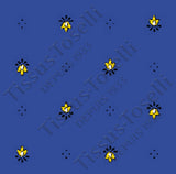 $40 60" Round Tissus-Toselli Blue Allover Floral Calissons Buds on Yellow Plain Cotton Tablecloth For 2-4 Person Seating.