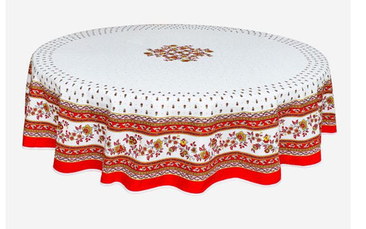 $89 70" Round MARAT Avignon Revisited Red-Yellow & White Filigree Design Coated Cotton Tablecloth for 2-6 Person Seating