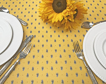 $45 60” Square MARAT Avignon Blue Floral Buds on Yellow Coated Cotton Tablecloth – Use on a 30 to 40 inch round or square table for 2 to 4 Place Seating or use a Slip-Leaf or Drop-Leaves Rectangular Table that comfortably seats 4 to 6 persons!
