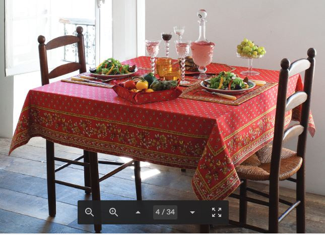 $25 60” Square MARAT Avignon Yellow Floral Buds on Red Plain Cotton Tablecloth – Use a 30 to 40 inch round or square table for 2 to 4 Place Seating or use a Slip-Leaf or Drop-Leaves Rectangular Table that comfortably seats 4 to 6 persons!