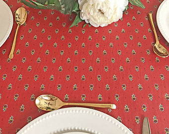 $25 60” Square MARAT Avignon Yellow Floral Buds on Red Plain Cotton Tablecloth – Use a 30 to 40 inch round or square table for 2 to 4 Place Seating or use a Slip-Leaf or Drop-Leaves Rectangular Table that comfortably seats 4 to 6 persons!