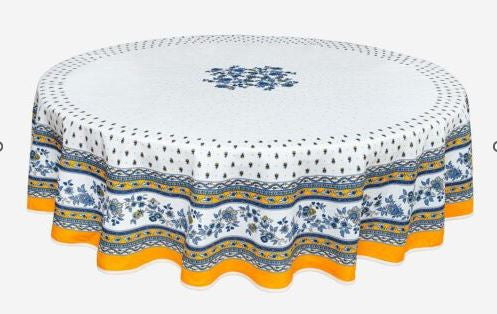 $89 70" Round MARAT Avignon Revisited Yellow & Blue on White Filigree Coated Cotton Tablecloth for 2-6 Person Seating