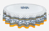 $89 70" Round MARAT Avignon Revisited Yellow & Blue on White Filigree Coated Cotton Tablecloth for 2-6 Person Seating