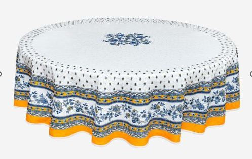 $89 70" Round MARAT Avignon Revisited Yellow & Blue on White Filigree Coated Cotton Tablecloth for 2-6 Person Seating
