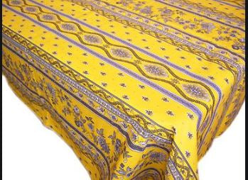 $45 60" Sq Blue Yellow Tablecloth Seats 2-4 With Stripe Filigree Floral Banner Stain-Proof Cotton Tablecloth -  Use on a 30 to 45 inch square table for 2 to 4 Place Seating or use a Slip-Leaf Expansion-Length Rectangular Table that seats 4 to 6!