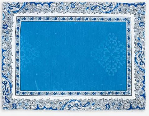 $15 Bastide 19" x 13" Blue White Filigree Cadre Border, Jacquard Woven Blue Delft Center Placemats  