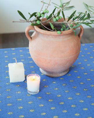 $30 60" Sq Yellow Allover Calisson Buds on Lavender Plain Cotton Tablecloth - Use a 30 to 40 inch round or square table for 2 to 4 Place Seating or use a Slip-Leaf or Drop-Leaves Rectangular Table that comfortably seats 4 to 6 persons!