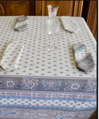 $45 60" Sq Turquoise & Grey Filigree Banner on White Stain-Proof Cotton Tablecloth - Use on a 30 to 45 inch square table for 2 to 4 Place Seating or use a Slip-Leaf Expansion-Length Rectangular Table that seats 4 to 6!