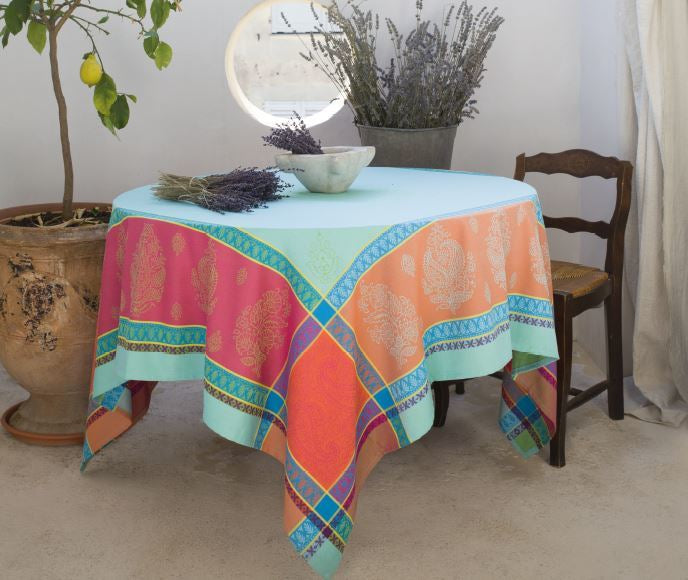 $55 64" Sq Cassis Jacquard Red & Turquoise Stain-Proof Tablecloth - Use on a 30 to 45 inch square table for 2 to 4 Place Seating or use a Slip-Leaf Expansion-Length Rectangular Table that seats 4 to 6!