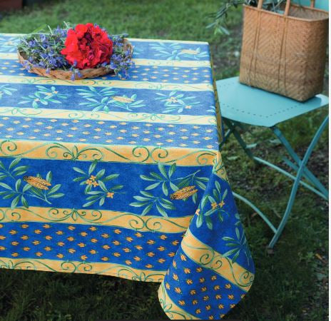 $5.50 Tissus Toselli Cigale Locust on Blue with a Yellow Border 18" x 18" Plain Cotton Napkins – Embrace the Spirit of Provence with Iconic Locust Motifs!