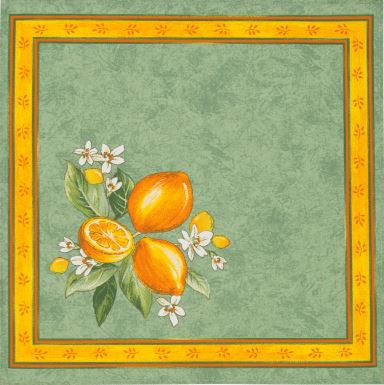 $5.50 Tissus Toselli Citron Lemons with Leaves on Green Design Yellow-Bordered 18" x 18" Napkins in Plain Cotton – Lively Mediterranean Ambiance for Your Table!