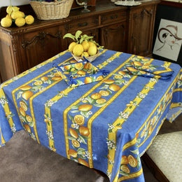 $5.50 Tissus-Toselli Citron Lemons with Leaves on Blue Yellow-Bordered 18 x 18 Plain Cotton Napkins – Add a Fresh Citron Theme to Provence Dining!
