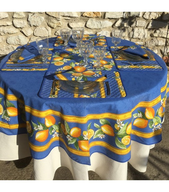 $5.50 Tissus-Toselli Citron Lemons with Leaves on Blue Yellow-Bordered 18 x 18 Plain Cotton Napkins – Add a Fresh Citron Theme to Provence Dining!