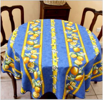 $19 60" Round Tissus Toselli Citron Lemons on Blue Plain Cotton Tablecloth – 2-4 Person Seating | Made in France