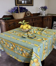 $25 60" Square Tissus-Toselli Citron Lemons & Leaves on Green in Plain Cotton Tablecloth – Use on a 30 to 45 inch square table for 2 to 4 Place Seating or use a Slip-Leaf Expansion-Length Rectangular Table that seats 4 to 6!