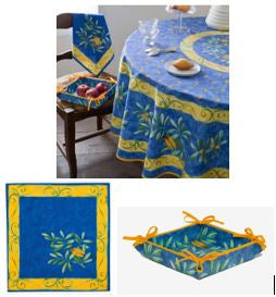 $129 70" Rd 2-6 Place 8-Pcs Ensemble Set Includes 1-Cigale Locusts on Blue Plain Cotton Tablecloth +6 Matching Napkins +1 Tidy Fabric Bread Basket - Enjoy the Tabletop Theme of Provence Singing Locusts!
