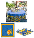 $139 70" Rd 2-6 Place 8-Pcs Ensemble Set Includes 1-Lemons on Blue Wipeable Coated Cotton Tablecloth +6 Matching Napkins +1 Tidy Fabric Bread Basket - Display a Citron Lemons Theme Tabletop!