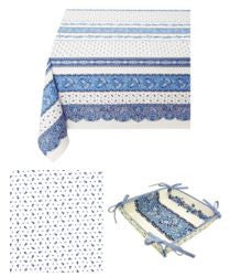 $89 60" Sq 2-4 Place 6-Pcs Ensemble Set of 1-Tradition Blue on White Stain-Proof Coated Cotton Tablecloth +4 Matching Napkins +1 Tidy Fabric Bread Basket - – Display a Blue Floral Bistro Cafe Theme Dining Tabletop!