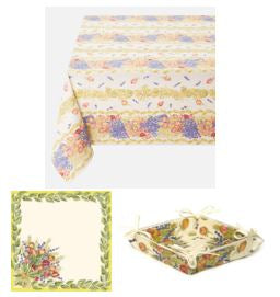 $79 60" Sq 2-4 Place 6-Pcs Ensemble Set of 1-Stain-Proof Caoted Cotton Tablecloth +4 Matching Napkins +1 Tidy Fabric Bread Basket - – Display a Roses Lavender Garden Theme Dining Tabletop!