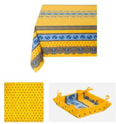 $99 60" Sq 2-4 Place 6-Pcs Ensemble Set of 1-Tradition Blue on Yellow Stain-Proof Coated Cotton Tablecloth +4 Matching Napkins +1 Tidy Fabric Bread Basket - – Display a Floral Design Bistro Dining Tabletop!