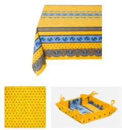 $99 60" Sq 2-4 Place 6-Pcs Ensemble Set of 1-Tradition Blue on Yellow Stain-Proof Coated Cotton Tablecloth +4 Matching Napkins +1 Tidy Fabric Bread Basket - – Display a Floral Design Bistro Dining Tabletop!