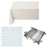 $79 60" Sq 2-4 Place 6-Pcs Ensemble Set of 1-Stain-Proof Coated Cotton Tablecloth +4 Matching Napkins +1 Tidy Fabric Bread Basket - Enjoy a Parisian Silver Blue Bistro Cafe Dining Style!