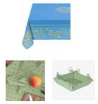 $49-60" Sq 2-4 Place 6-Pcs Ensemble Set of 1-Olives on Blue & Green Plain Cotton Tablecloth +4 Matching Napkins +1 Tidy Fabric Bread Basket -  Enjoy Olives Theme Dining!