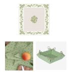 $49-60" Sq 2-4 Place 6-Pcs Ensemble Set of 1-Olives on Green Plain Cotton Tablecloth +4 Matching Napkins +1 Tidy Fabric Bread Basket - – Enjoy Olives Theme Dining!