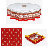 $99 70" Rd 2-6 Place 8-Pcs Ensemble Set Includes 1-Avignon Red Yellow White Plain Cotton Tablecloth +6 Matching Napkins +1 Tidy Fabric Bread Basket - Display Stunning Red White Tabletop Dining!