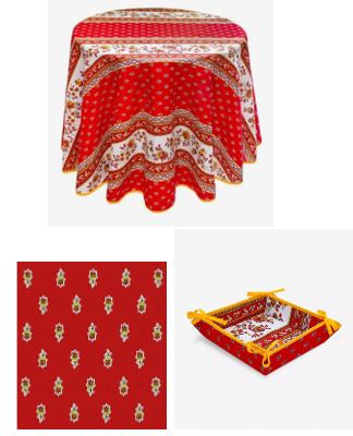 $89 60" Rd 2-4 Place 6-Pcs Ensemble Set of 1-Avignon Red Yellow White Stain-Proof Coated Cotton Tablecloth +4 Matching Napkins +1 Tidy Fabric Bread Basket – Create a Parisian Bistro Style Tabletop!