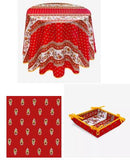 $89 60" Rd 2-4 Place 6-Pcs Ensemble Set of 1-Avignon Red Yellow White Stain-Proof Coated Cotton Tablecloth +4 Matching Napkins +1 Tidy Fabric Bread Basket – Create a Parisian Bistro Style Tabletop!