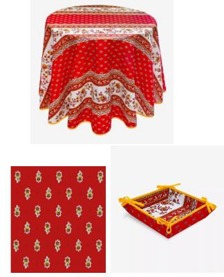 $89 60" Rd 2-4 Place 6-Pcs Ensemble Set of 1-Avignon Red Yellow White Stain-Proof Coated Cotton Tablecloth +4 Matching Napkins +1 Tidy Fabric Bread Basket – Create a Parisian Bistro Style Tabletop!