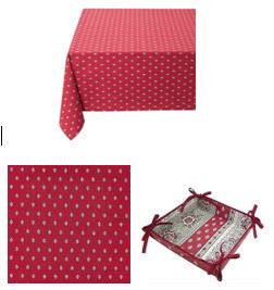 $49 60" Sq 2-4 Place 6-Pcs Ensemble Set of 1-Red with Grey Calissons Buds Plain Cotton Tablecloth +4 Matching Napkins +1 Tidy Fabric Bread Basket - – Dine in Parisian Red Bistro Style!