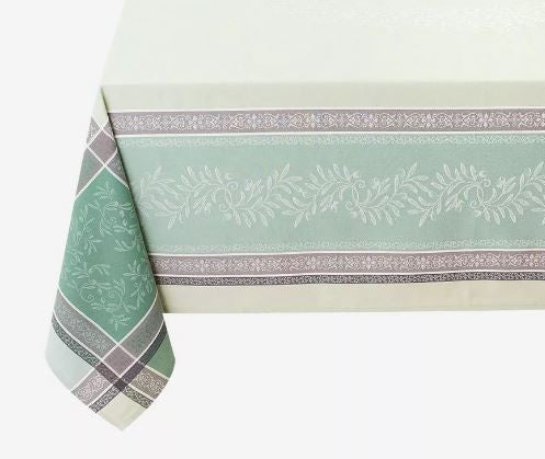 $55 64" Sq Jacquard Olivia Green & Grey Bordered Stain-Proof Tablecloth – Use a 30 to 45 inch round or square table for 2 to 4 Place Seating or use a Slip-Leaf or Drop-Leaves Rectangular Table that comfortably seats 4 to 6 persons!