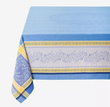 $55 64" Sq Jacquard Olivia Blue & Yellow Bordered Stain-Proof Tablecloth – Use a 30 to 45 inch round or square table for 2 to 4 Place Seating or use a Slip-Leaf or Drop-Leaves Rectangular Table that comfortably seats 4 to 6 persons!