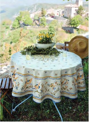 $79 70" Round Tissus-Toselli Moustiers Blue Birds on White Stain-Proof Cotton Tablecloth - Display Provence's most Famous Historical Village's Motiff!