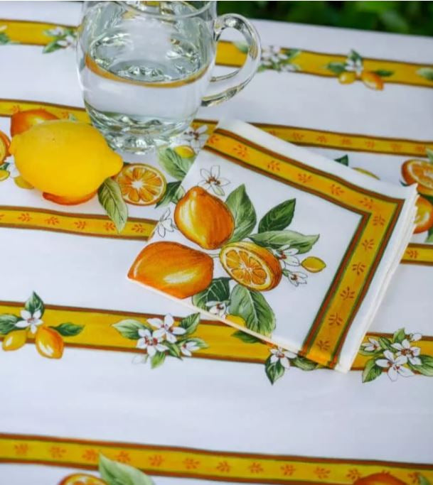$129 70" Rd 2-6 Place 8-Pcs Ensemble Set Includes 1-Citron Lemons on White Plain Cotton Tablecloth +6 Matching Napkins +1 Tidy Fabric Bread Basket - Display a Bright Outdoor Lemons Tabletop!