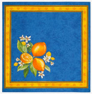 $79 70" Rd Lemons on Blue Plain Cotton Tablecloth Seats 2-6