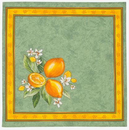 $69 70" Rd Lemons & Leaves on Green Plain Cotton Tablecloth Seats 2-6