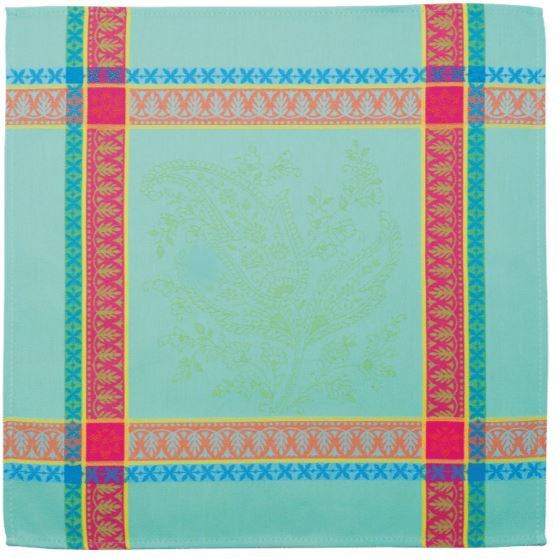 $7.50 Tissus Toselli Cassis Red on Green & Blue 20" x 20" Jacquard Woven Cotton Napkins in Plain Cotton 