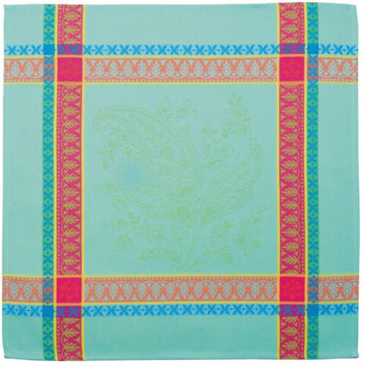 $7.50 Tissus Toselli Cassis Red on Green & Blue 20" x 20" Jacquard Woven Cotton Napkins in Plain Cotton 