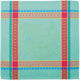 $95 64" Sq 2-4 Place 6-Pcs Ensemble Set of 1-Cassis Red & Turquoise Stain-Proof Jacquard Tablecloth +4 Matching Napkins +1 Tidy Fabric Bread Basket -  Jacquard Cassis Seaside Design Turquoise & Red Bordered Dining Tablecloth 