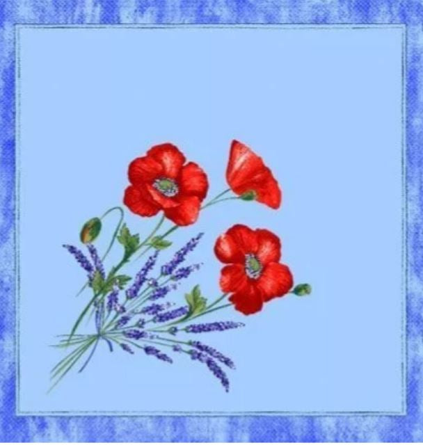 $139 70" Rd 2-6 Place 8-Pcs Ensemble Set Includes 1-Red Poppies on Light Blue Wipeable Coated Cotton Tablecloth +6 Matching Napkins +1 Tidy Fabric Bread Basket - Enjoy the Best in Blue Sky Garden Dining!