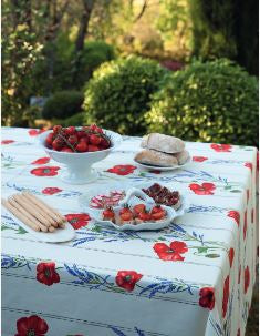 $25 60" Square Tissus Toselli Red Poppies & Lavender on White Tablecloth in Plain Cotton - Use on a 30 to 45 inch square table for 2 to 4 Place Seating or use a Slip-Leaf Expansion-Length Rectangular Table that seats 4 to 6!
