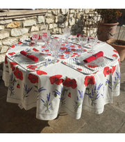 $109 70" Rd 2-6 Place 8-Pcs Ensemble Set Includes 1-Red Poppies & Lavender on Bright White Plain Cotton Tablecloth +6 Matching Napkins +1 Tidy Fabric Bread Basket - This is the Most Striking Floral Tablecloth Sold on Our Website!