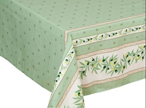 $30 60" Sq Ramatuelle Black Olives on Green With Allover Green Floral Calissions Buds Plain Cotton Tablecloth - Use on a 30 to 45 inch square table for 2 to 4 Place Seating or use a Slip-Leaf Expansion-Length Rectangular Table that seats 4 to 6