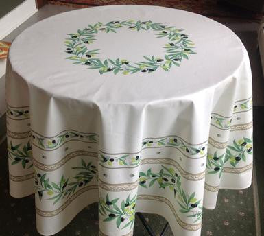 $89 70" Round Tissus-Toselli Ramatuelle Olives & Leaves on White Coated Cotton Tablecloth for 2-6 Person Seating.