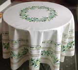 $89 70" Round Tissus-Toselli Ramatuelle Olives & Leaves on White Coated Cotton Tablecloth for 2-6 Person Seating.